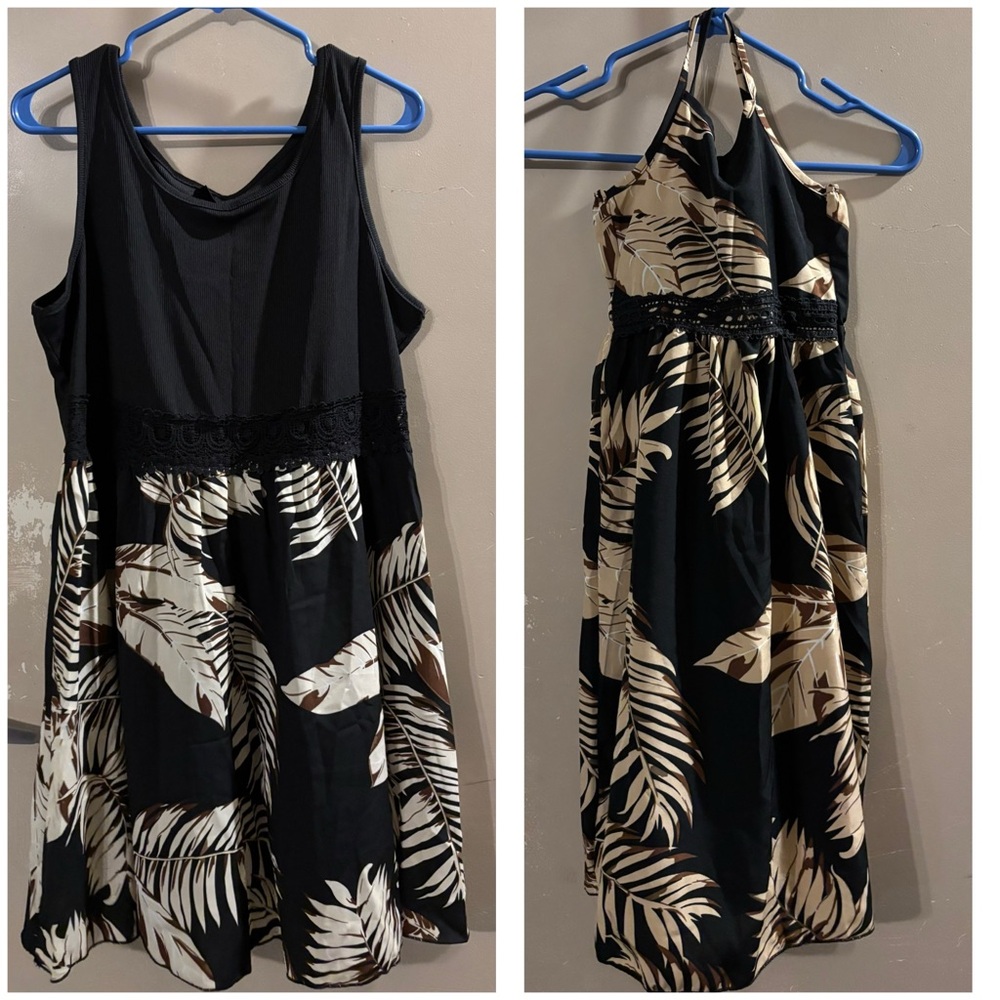 Mother/daughter matching Black and Beige Leaf Print Dress